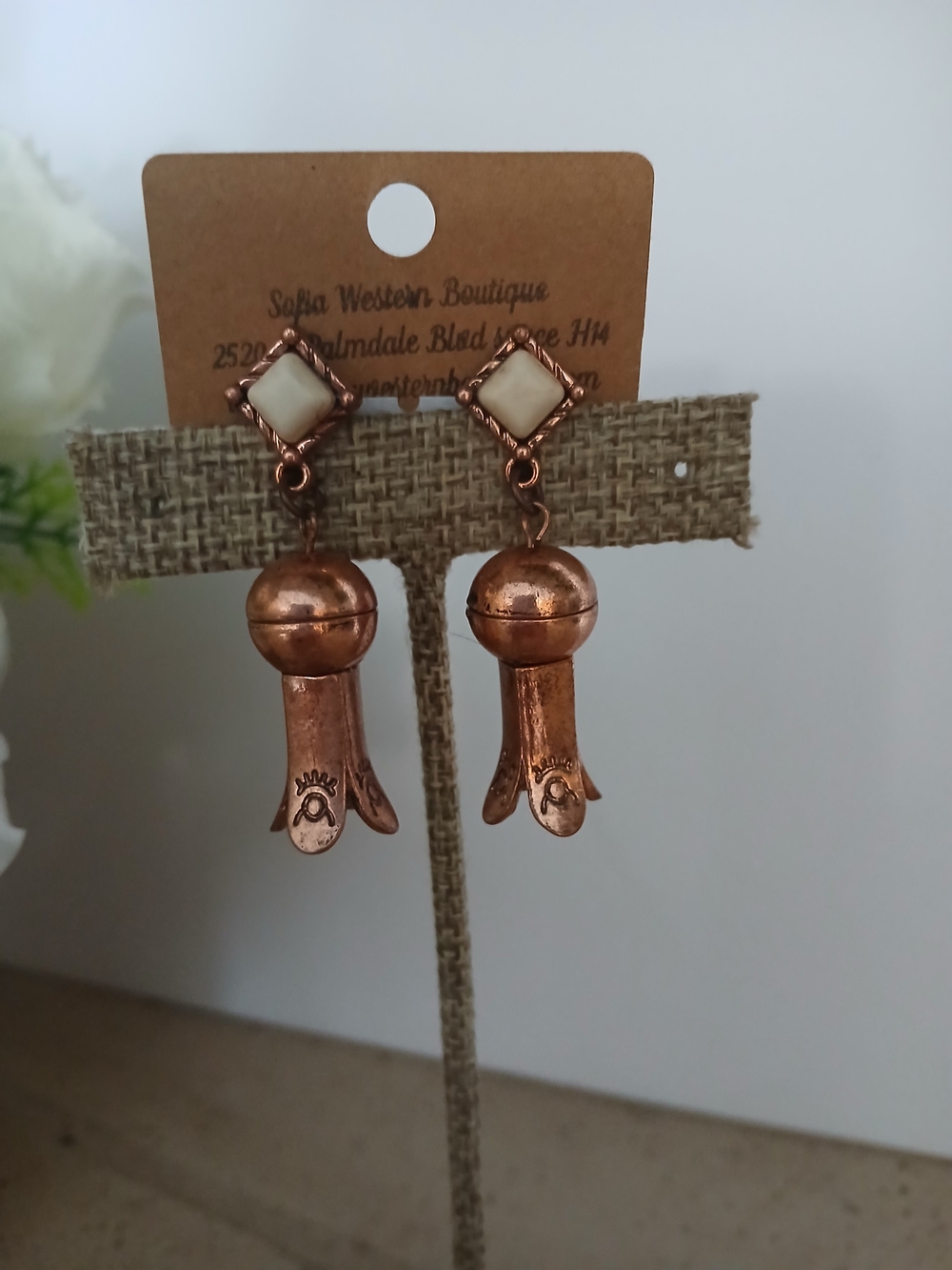 Copper Drop Earrings with Cream Stones